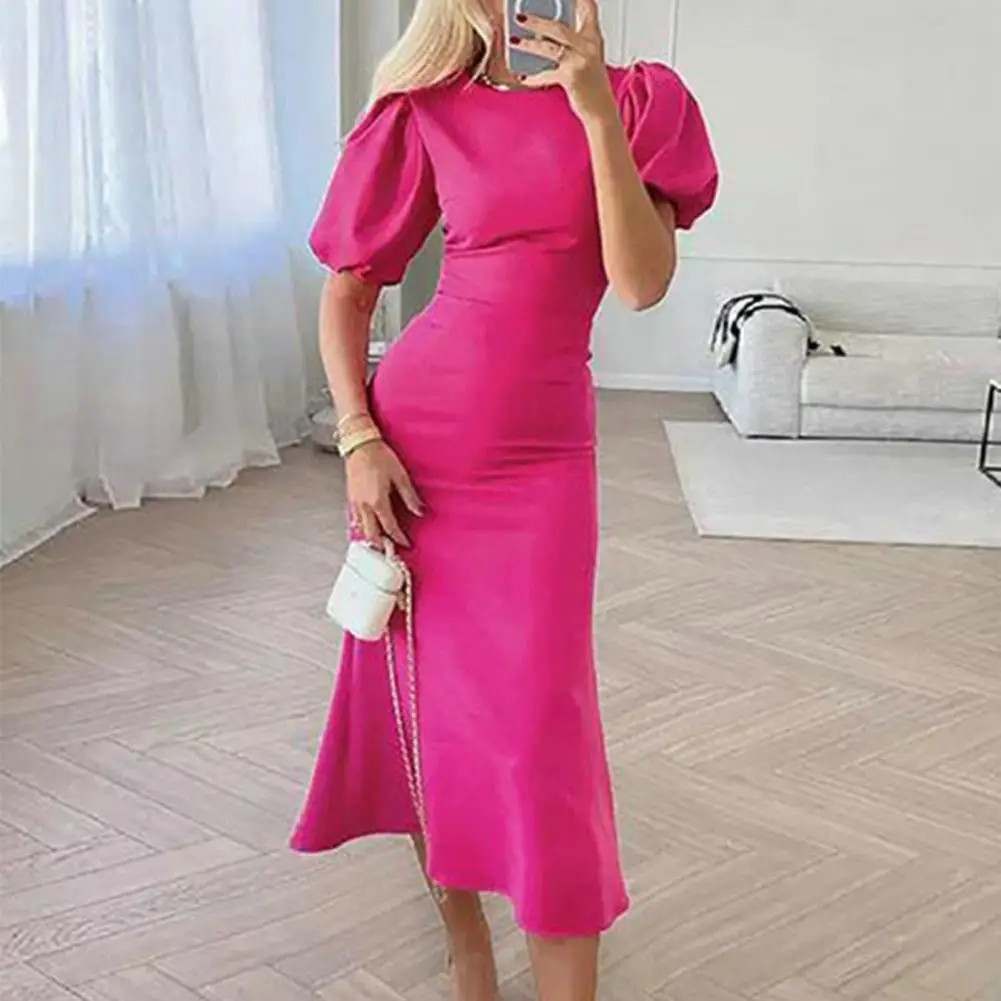 

Lady Bubble Sleeve Dress Elegant Lady Prom Cocktail Midi Dress with Slim Fit Bubble Sleeves Round Neck Flattering Tight Waist