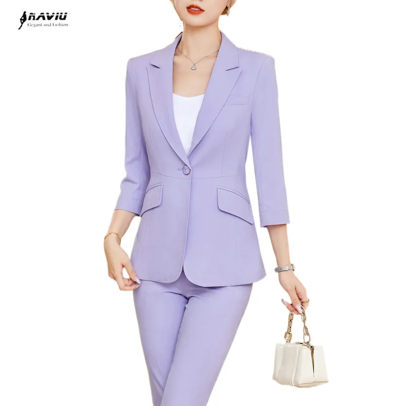 

NAVIU Purple Suits Women Summer 2023 New High End Professional Formal Temprament Slim Blazer And Pants Office Ladies Work Wear