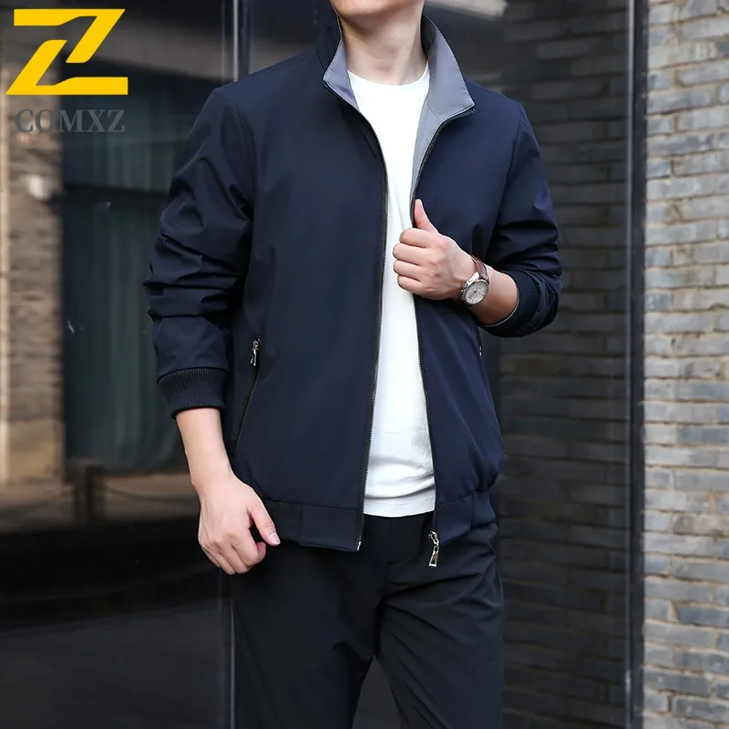 COMXZ 2025 New Spring Autumn Men Reversible Coat Mid Age Lapel Jacket Loose Fit Big Size Top Waterproof Windproof windbreaker