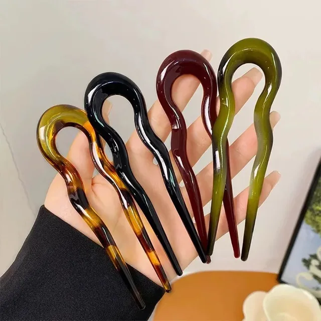 42612-9bf068.jpg U-Shaped French Twist Hair Stick Hair Clip Plastic Wavy Hairpins Vintage Green Tortoise Women Hair Sticks Headwear Accessories