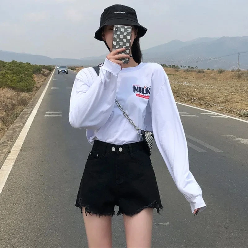 dickies shorts Korean Tassel Classic Vintage Baggy Denim Wide Leg Shorts Women Streetwear Stylish Solid Straight A-line Short Pants For Summer online clothes shopping Shorts