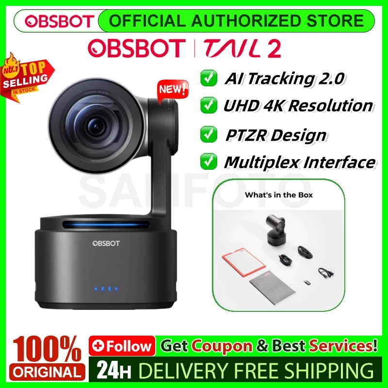 OBSBOT Tail 2 AI-Powered PTZR 4K Live Production Camera AI Tracking 2.0 Hands-Free 90&deg; Rotation 4K@60fps & 1080P@120fps