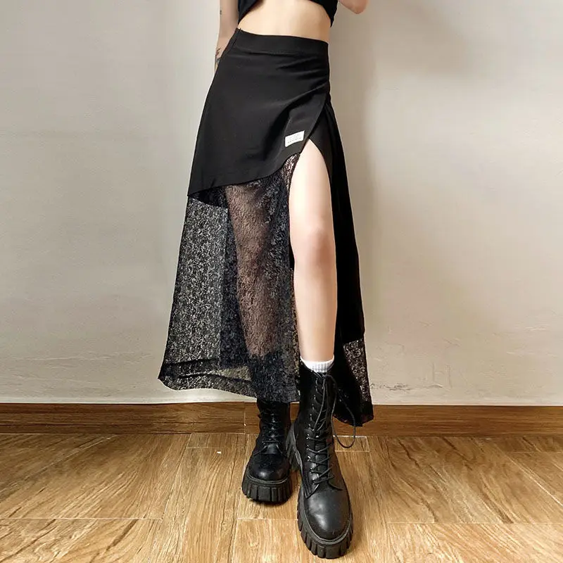 

Lace patchwork irregular skirt for women with a high waisted black slit A-line length long skirts for women