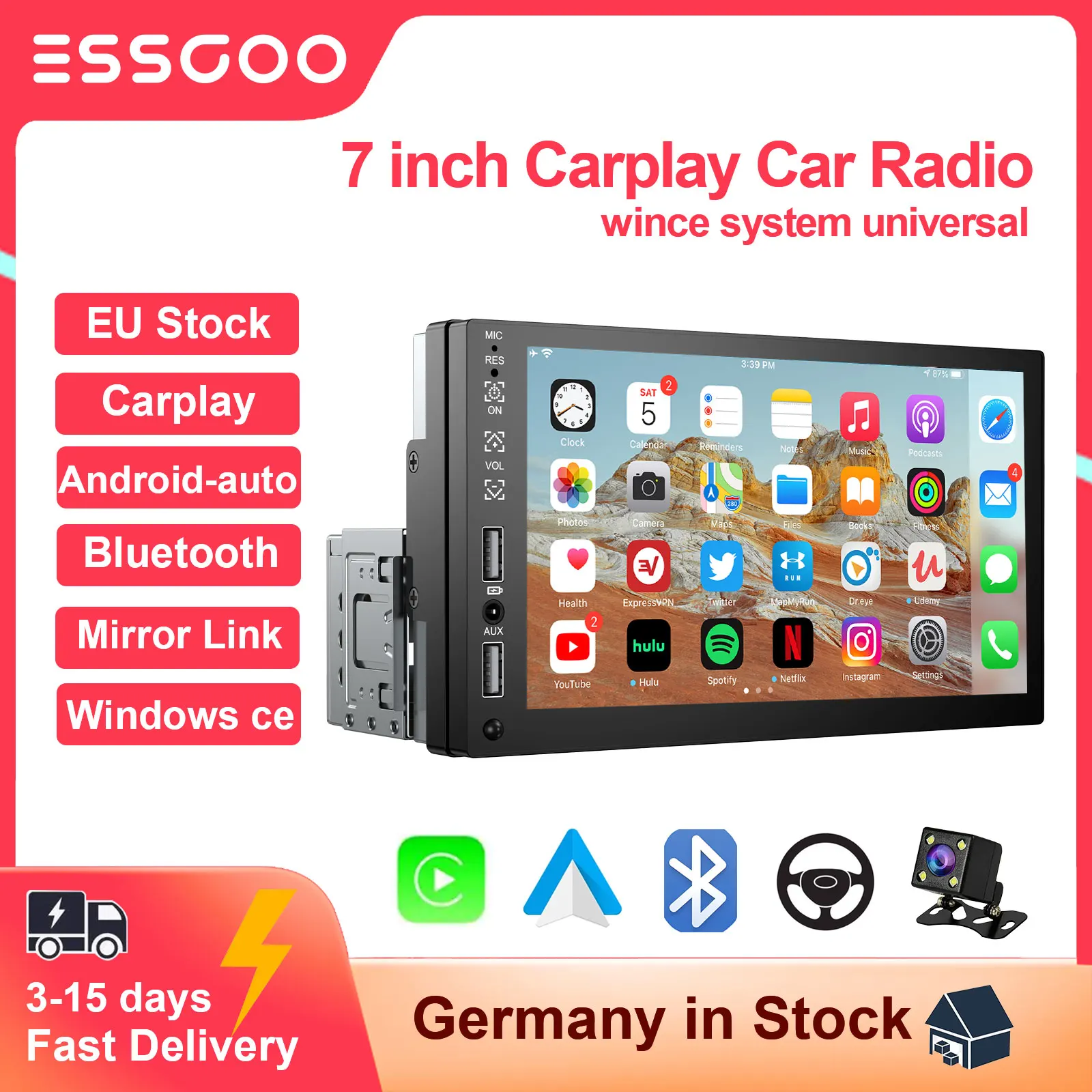 Автомагнитола ESSGOO 1 Din, MP5, 7 дюймов, Bluetooth