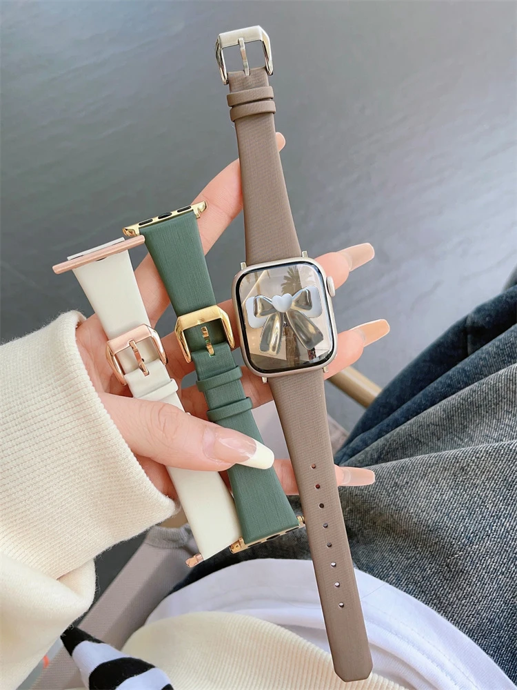 

Тонкий кожаный ремешок в корейском ретро-стиле для Apple Watch Band Ultra 2 49 45 44 мм 41 40 42, ремешок для женских часов серии 9 8 7 6 SE 6 5