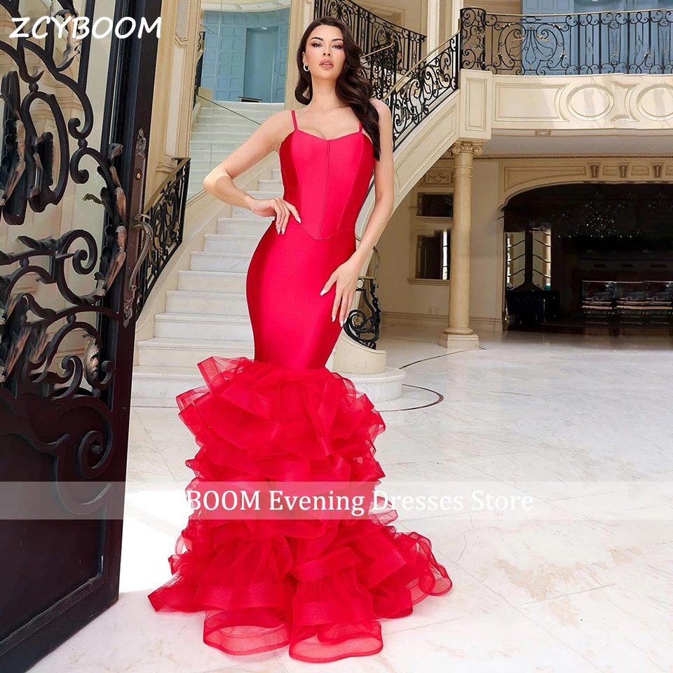 

Gorgeous Red Tulle Ruffles Sleeveless Mermaid Formal Evening Dress 2024 Sexy Spaghetti Straps Floor Length Women Party Prom Gown
