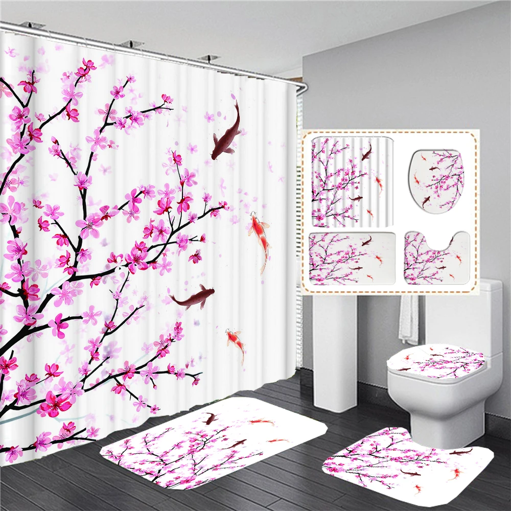 

Chic Floral Pink Cherry Blossoms Shower Curtain for Bathroom Cherry Sakura Flowers Branch Bath Curtains Mats Rugs Set Home Decor