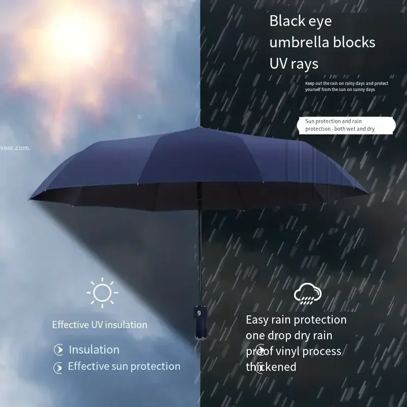 10 Bone Black Glue Fully Automatic Umbrella with Thick and Durable Keel Umbrella Waterproof Sun UV Resistant Folding Umbrella