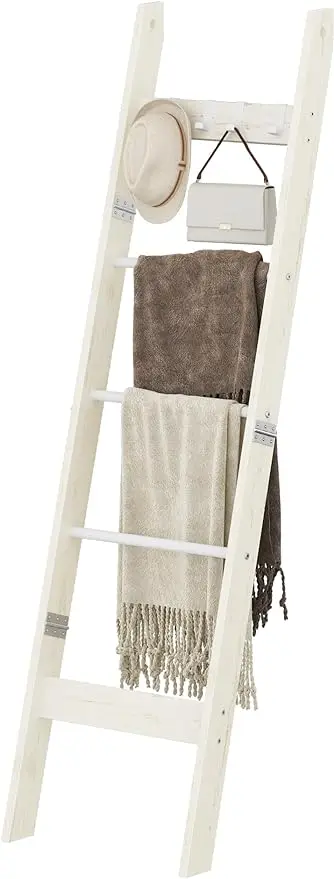 

Blanket Ladder Shelf for Living Room Decorative Wood Quilt Rack with 4 Removable Hooks 5-Tier Farmhouse Ladder Holder Organizer