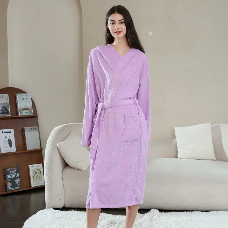 2023 New Solid Robe Hooded Women Lace Up Winter Fashion Causal Home Bathrobe Long Sleeve Men Couple Sleepwear Pajamas