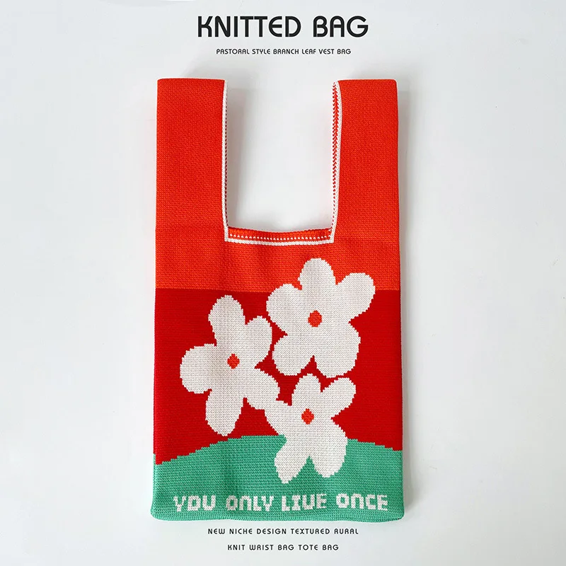 Japanese Style Wrist Bag - Cotton Printed Handbag With Knot Closure