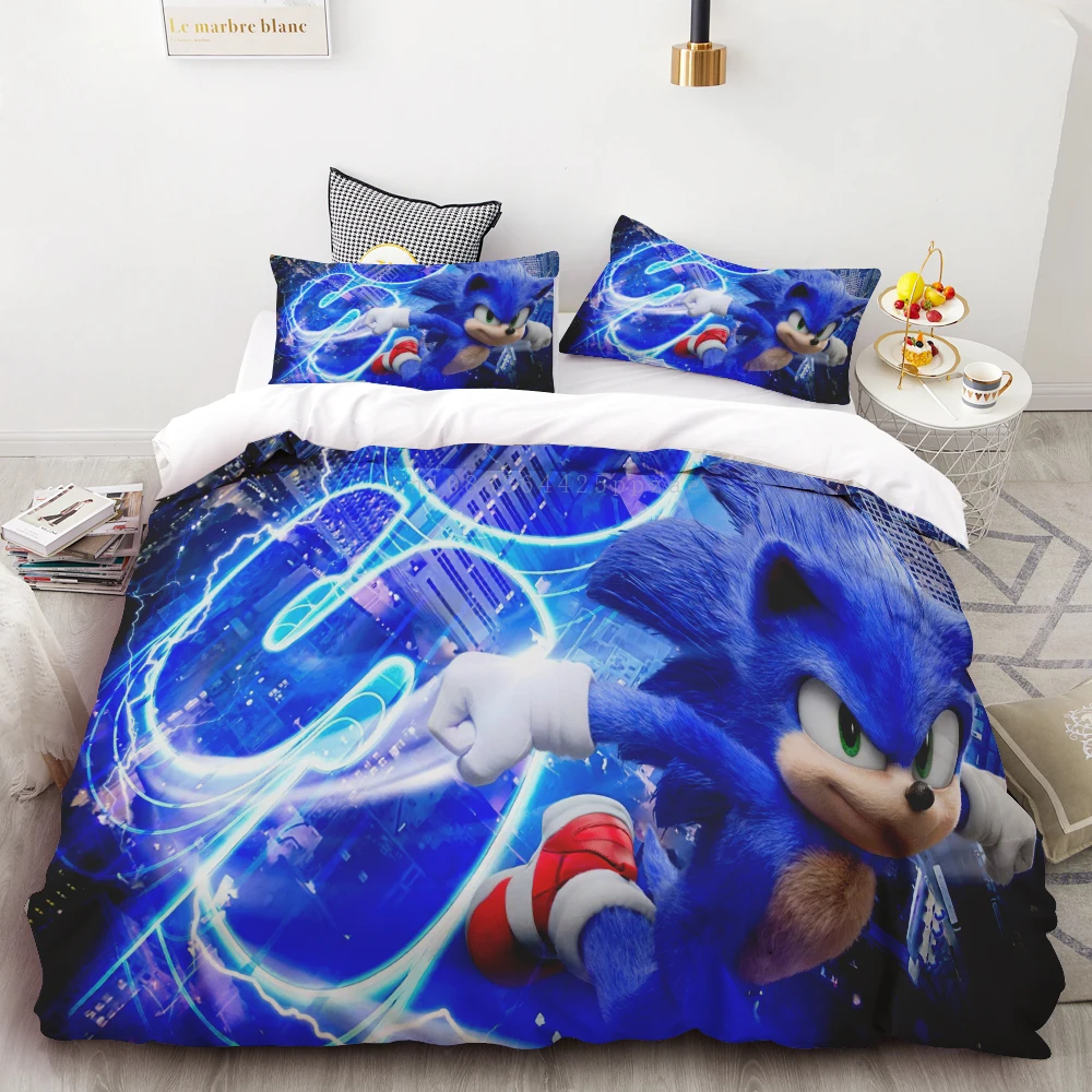 thumbnail image 1 of Juego de edredón de 3 piezas con estampado digital 3D de Sonic, suave, textil para el hogar, 100 % poliéster, tamaño king, decoración para dormitorio, regalo para adolescentes, 1 of 5