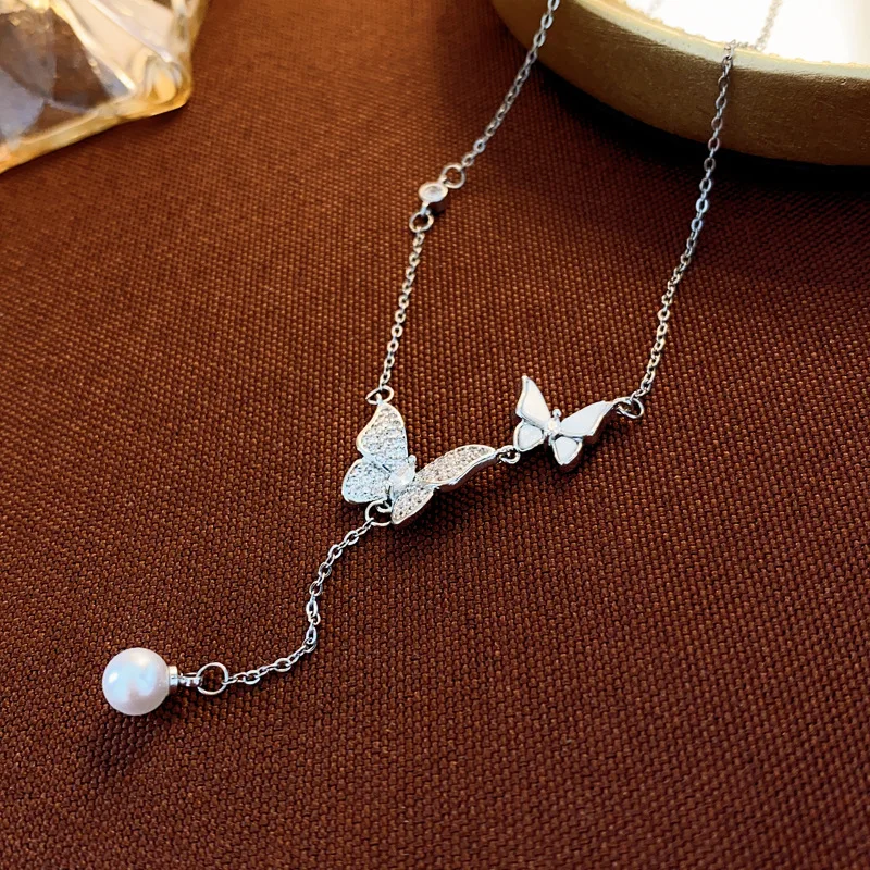 

Rhinestone Zircon Butterfly Pearl Y-Shaped Necklace Clavicle Chain Necklace Women