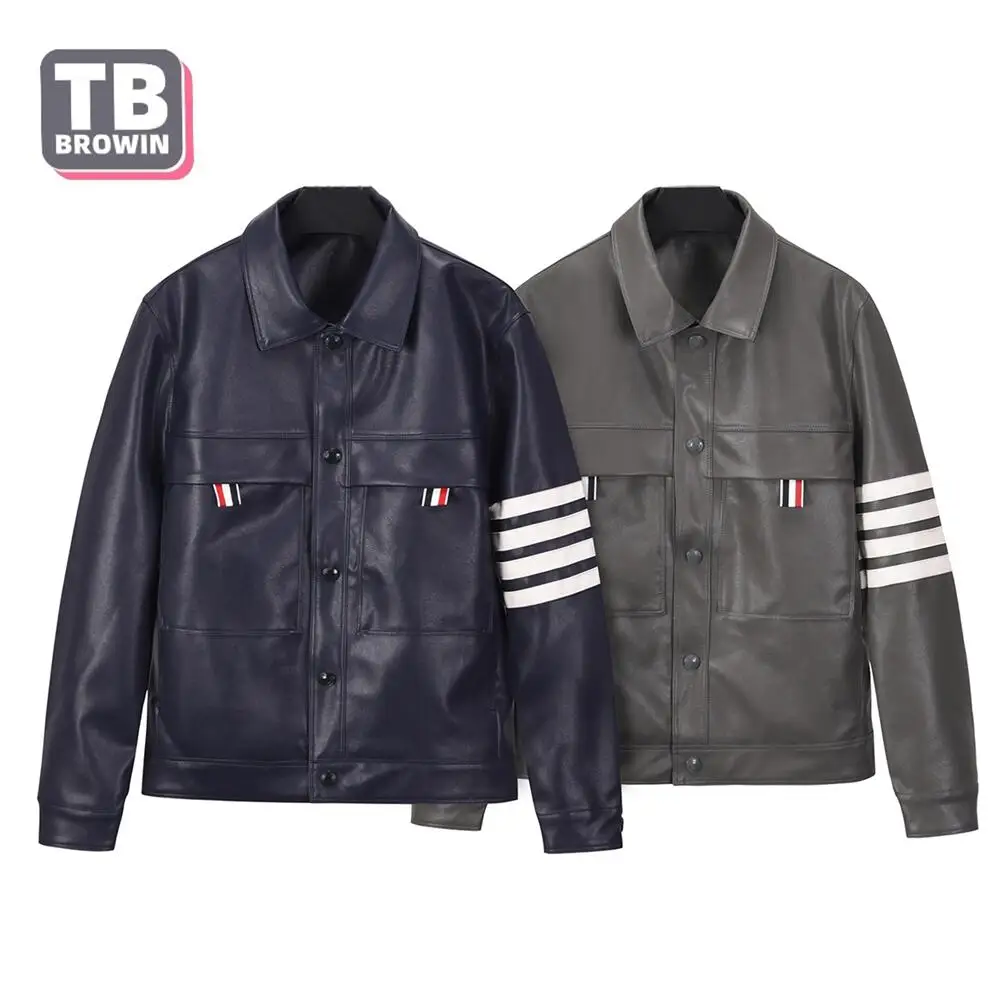 

TB Brand Men's pu jacket coat Four bars classic striped casual lapel pocket slim women's couple leather