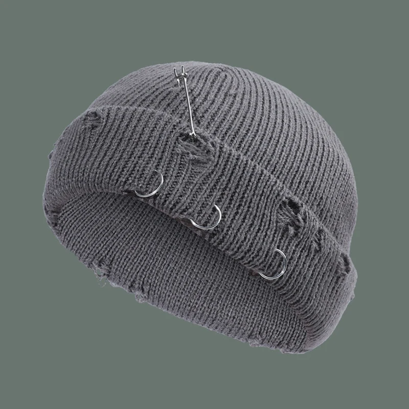 thumbnail image 1 of Gorros de punto unisex con aros de hierro y alfiler de seguridad, gorras estilo callejero de hip hop, gorra informal con calavera para exteriores, 1 of 5
