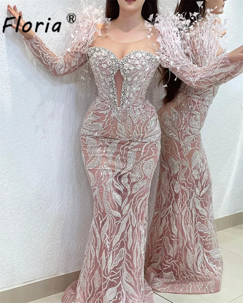

Роскошное вечернее платье-Русалка с бисером и перьями, платье с длинными рукавами из Дубая для свадебной вечеринки, платья для торжественных случаев, платье