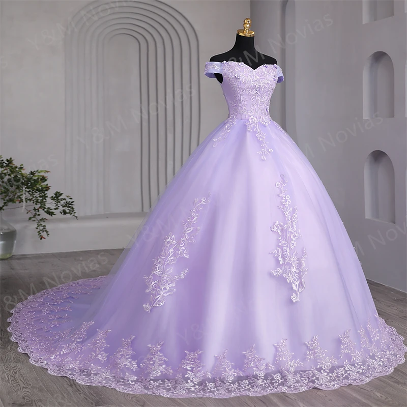 Custom Color Sweet 16 Dress Pink Off Shoulder Plus Size Vestido De Noiva Purple Quinceanera Dress Ball Gown Flower Women Train