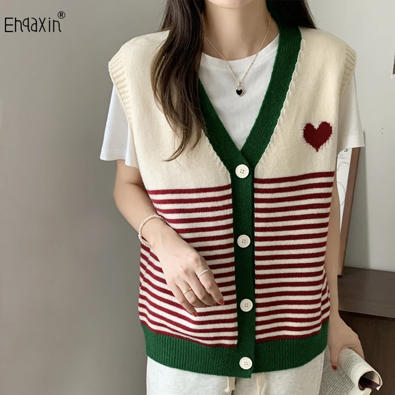 

EHQAXIN 2022 Fall Ladies Knitted Vest Fashion V-Neck Colorblock Stripes Small Love Sweet Loose Button Cardigan Sweater One Size