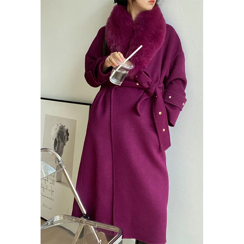 

2023 Stylish Rivets Lace-up Long Wool Coat For Women Big Removable Genuine Fox Fur Collar Woolen Jacket Female Winter Outerwear