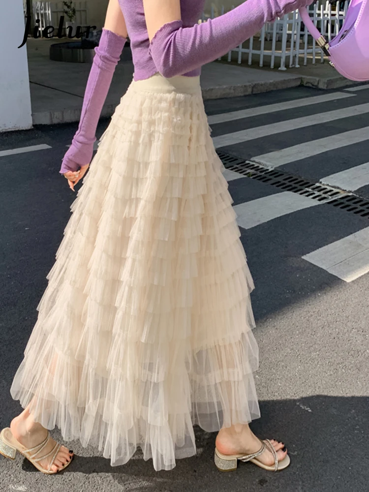 

Jielur Summer Pink Midi Skirts Women Fashion Korean Cute High Waist Pleated Skirt Mesh Female College Style A-line Tulle Skirts