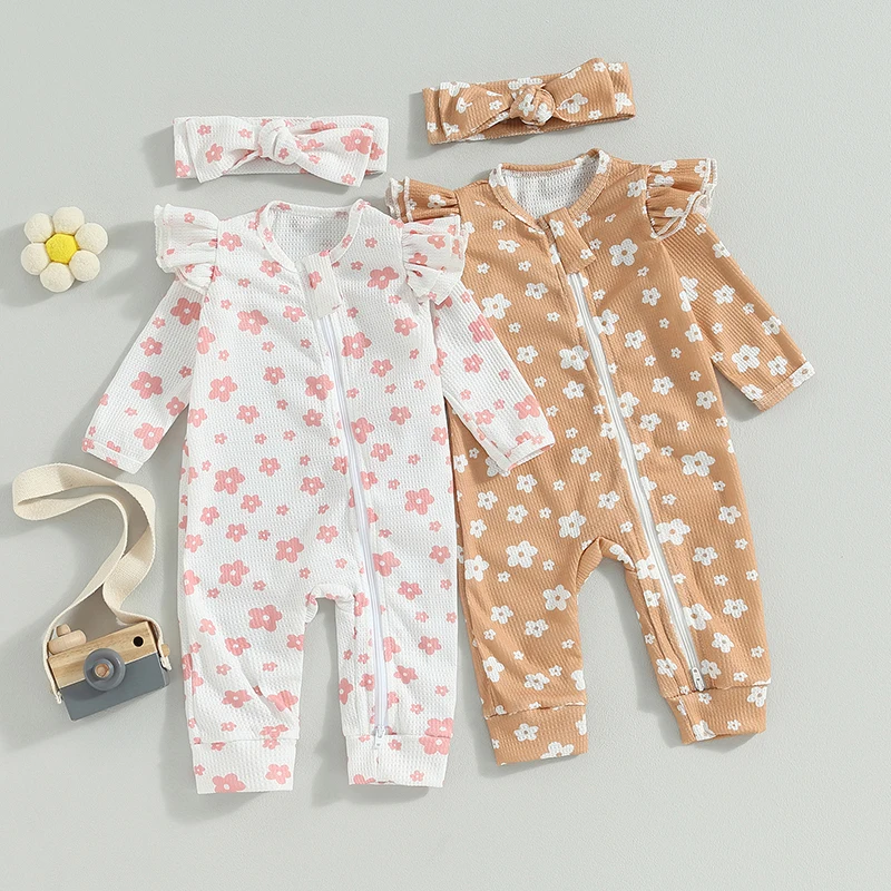 

Baby Girls Autumn Casual Floral Jumpsuit Long Sleeve Crewneck Ruffle Oblique Zipper Romper with Headband