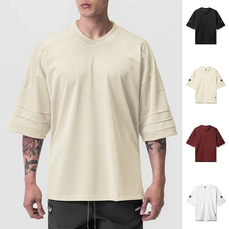 Loose Large Size V-Neck Short Sleeve Drop Shoulder Sleeve Mesh Quick Dry Sports T-Shirt