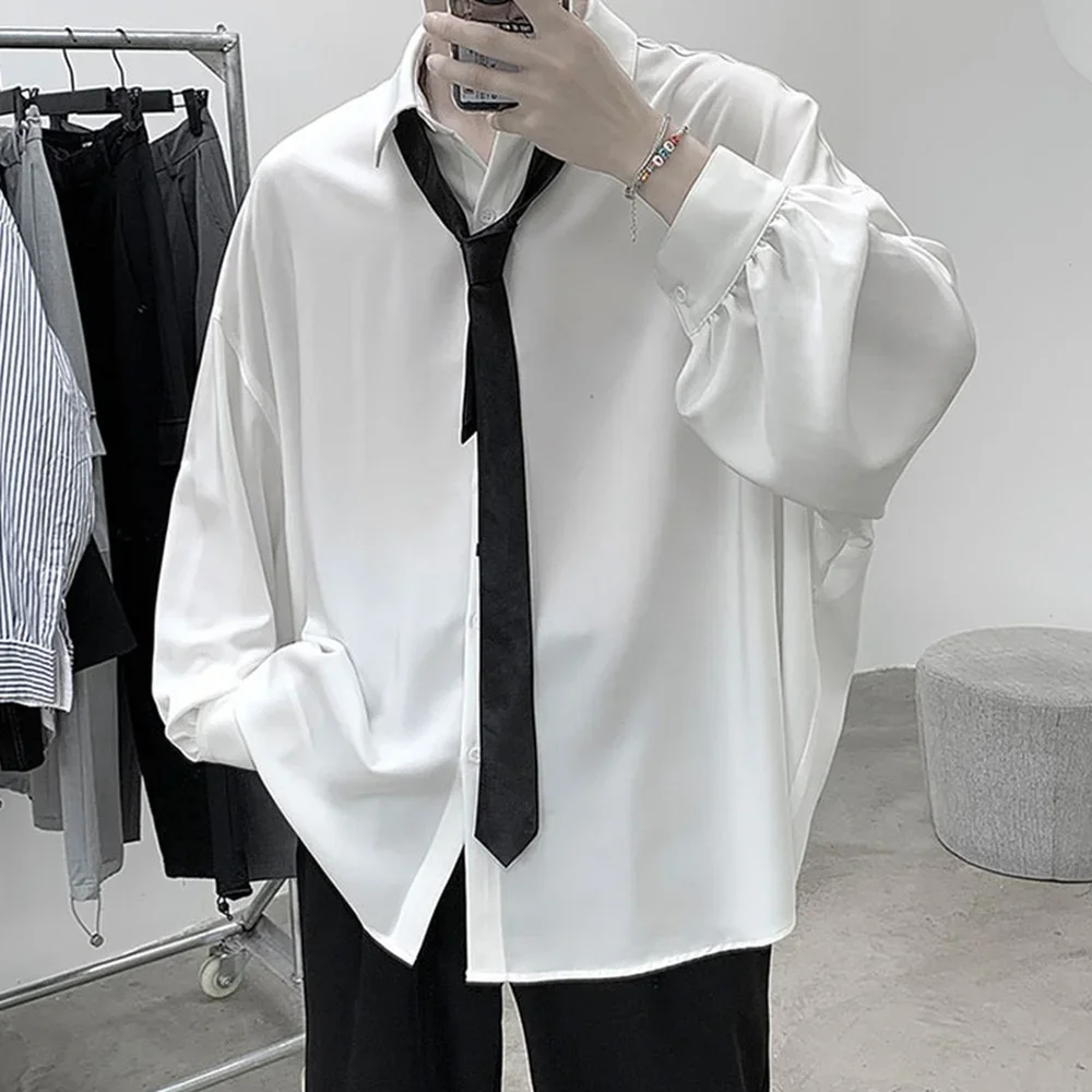 Chemises à manches longues pour hommes de Style coréen cravate noire confortable décontracté solide surdimensionné Blouses respirant chemise ample Harajuku vêtements masculins