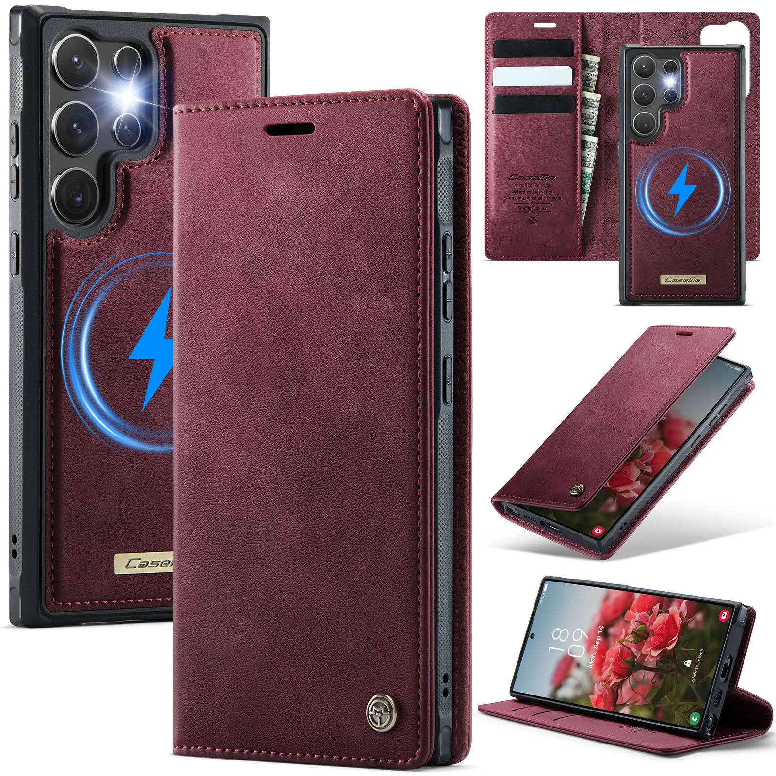 Wireless Charging Leather Wallet Phone Case with Magnetic Flip Cover