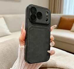 Luxury Suede Leather Wallet Phone Case with Matte Glass Protector - iPhone 15 Plus (Black)