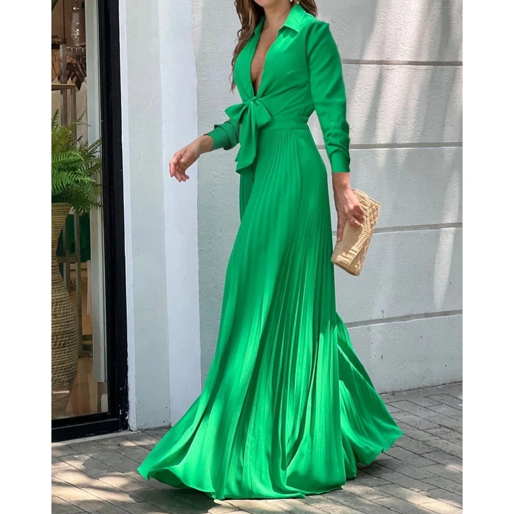 2023 Women Deep V-Neck Long Sleeve Pleated Jumpsuit Summer Sexy Lady Turn-down Collar Wide Leg Jumpsuit Elegant Officewear