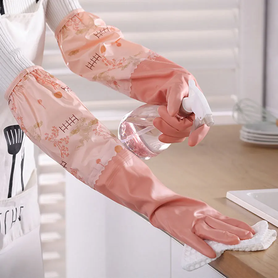 Housework Gloves Winter Velvet Dishwashing Gloves Kitchen Thickeneded Warm Kitchen Cleaning Home Bathroom Cleaning Laundry Extended Waterproof Velvet Integrated Extension 1 Pair