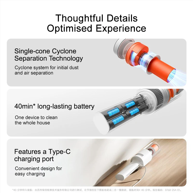 MIJIA Lightweight Vacuum Cleaner 22,000Pa Suction, 2 Cleaning Mode,Washable Accessories,Type-C 40min Run, Chinese Version 3