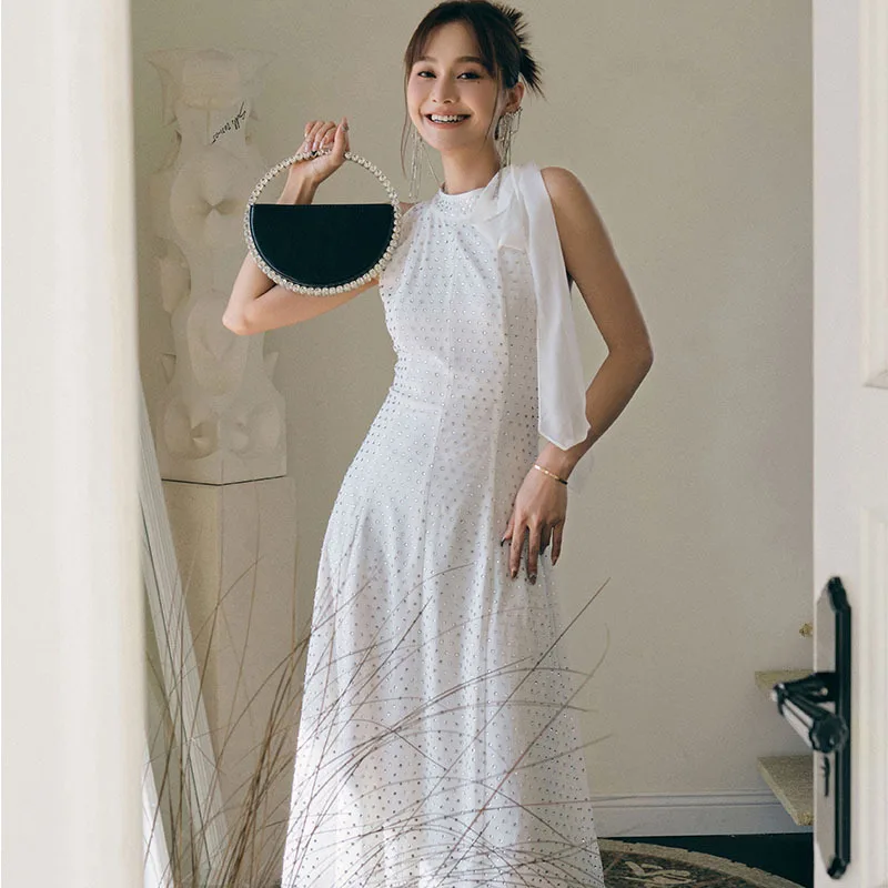 

2023 summer women handmade beading dress white Neck-mounted dress party women elegant slim clothing dresses