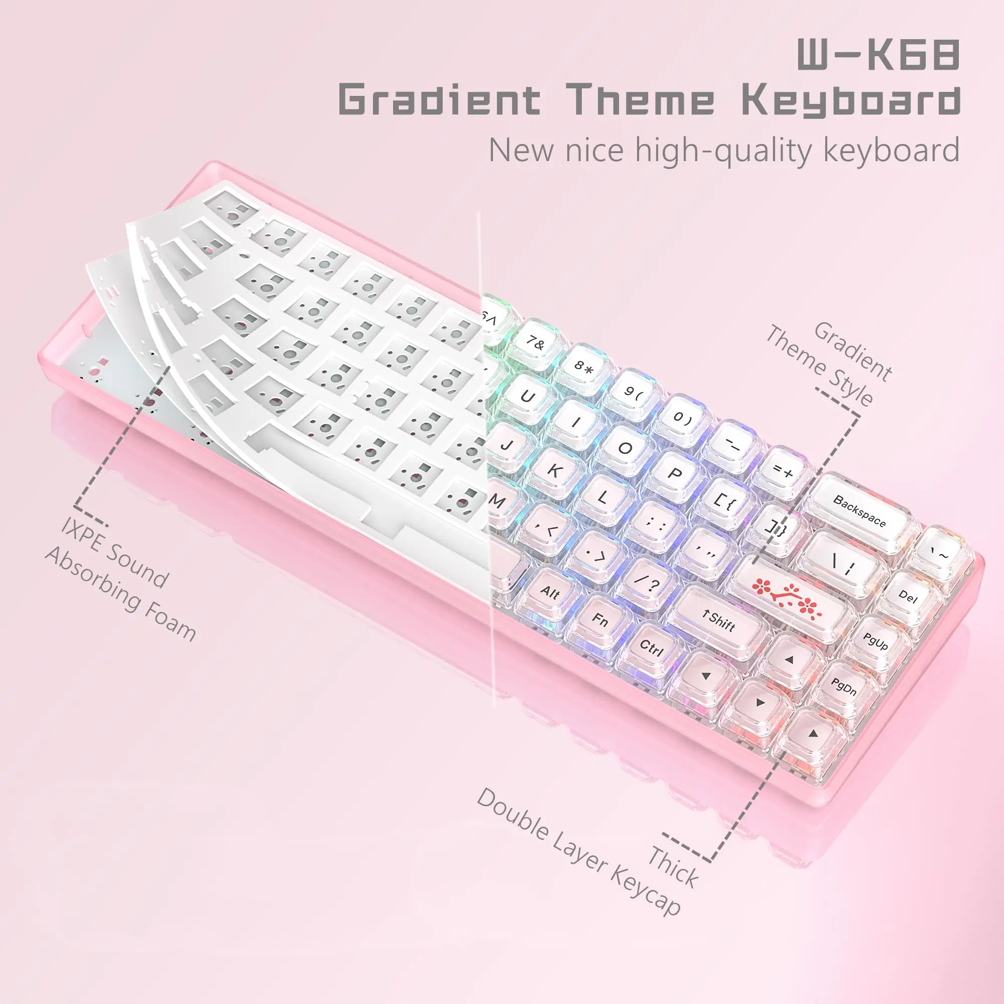 Teclado Rosa Rgb Fio Gaming Teclado Mecânico Pudim Pbt Keycap Interruptor Vermelho 60 Wk68-hot-swappable - Imagem 6