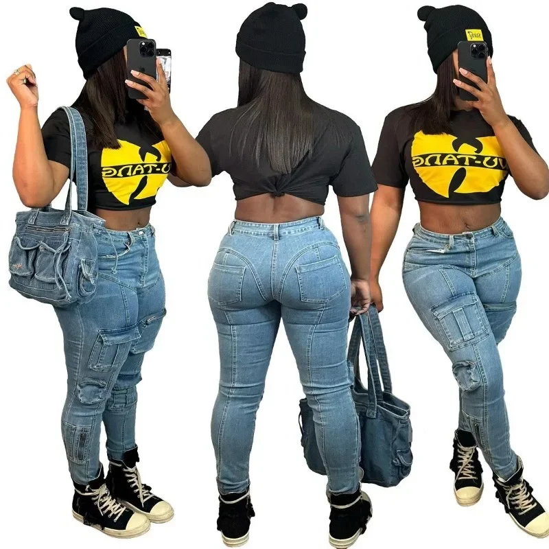 Women Skinny Cargo Jeans Pants Autumn Winter High Waist Button Zipper Casual Bodycon All Match Y2k Trousers Hipster Streetwear