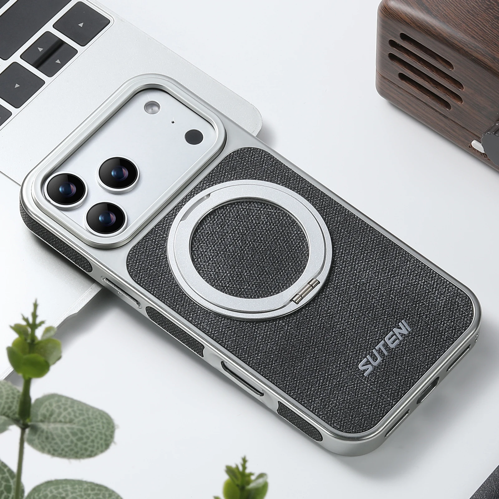 Leather Magnetic Phone Case with 360° Rotating Stand & Wireless Charging Compatibility
