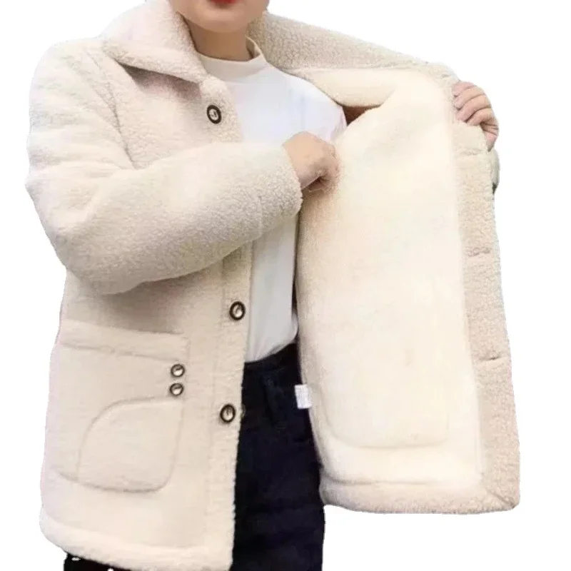 Coat for Women Lamb Fleece Long Sleeve Autumn Winter Women Outerwear Warm Overcoat Solid Color Topcoat Commuting Style elegent loose wool coat women tops winter ladies coat overcoat autumn solid outerwear winter vintage turn down color