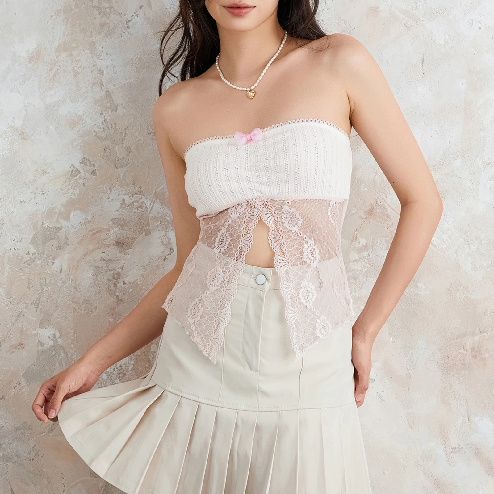 

Women's Sweet Slim Tube Tops Lace Floral Patchwork Strapless Vest Summer Slit Hem Bandeau Corset Tops