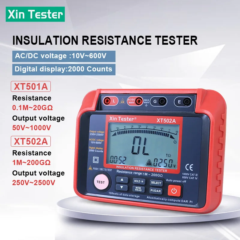 

Xin Tester XT501A XT502A Insulation Resistance Tester High Voltage Instrument Dust Moisture Proof Auto Discharge