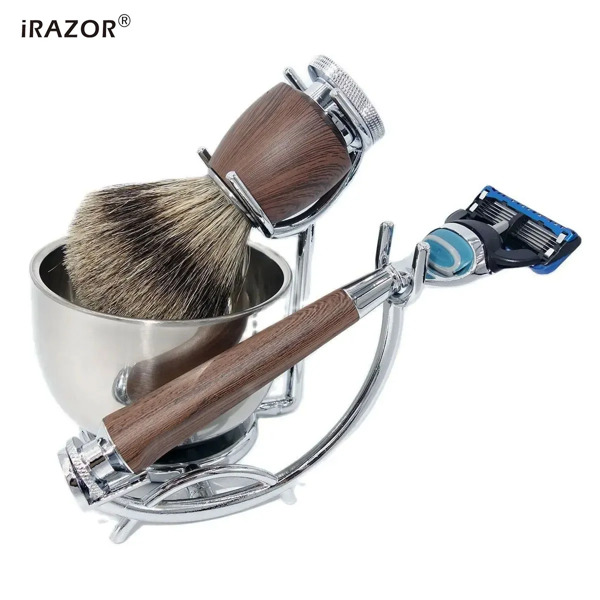 IRAZOR 전문가용 퓨전 5 면도 키트, 천연 오소리 브러시, 로즈우드 그레인, 방수 면도기, 남편 이발 도구