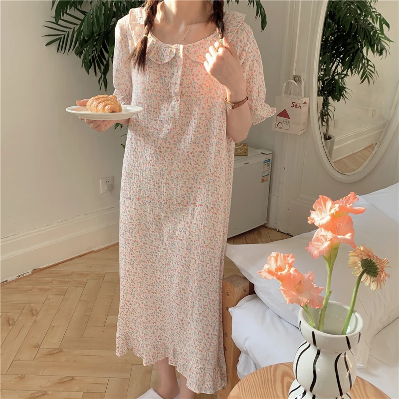 

Summer Sleep Dress New Cotton Colorful Floral Print Nightgown Comfortable Short Sleeve Home Clothes Crepe Women Nightdress D212
