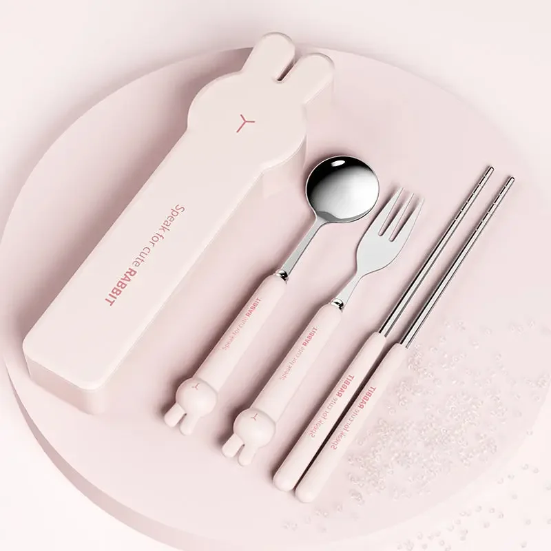 Cute Rabbit 304 Stainless Steel Tableware Spoon Fork Chopsticks Cartoon Student Children Good Gift Cutlery Set cutlery set western style cutlery set picnic cutlery set stainless steel cutlery set picnic tableware camping cutlery set