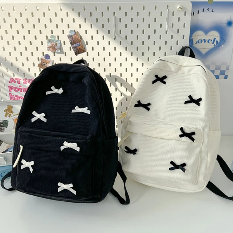 Cute Bowknot Aesthetic Backpacks Lightweight School Bookbags Students Sweet Rucksack for Girls Women's Corduroy College Mochilas