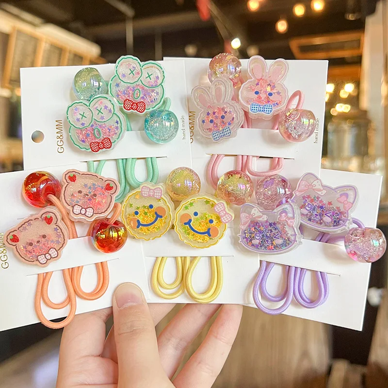 

2PCS Korean Cartoon Color Sequin Frog Bear Bunny Smile Face Long Rubber Band For Girl Cute Kawaii Ponytail Elastic Hair Ties