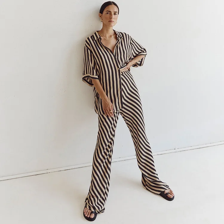 

Pant Sets Women 2023 Summer Print Striped Suit Short Sleeve Shirt High Waist Trousers Two Piece Set Elegant Outfits Vestidos