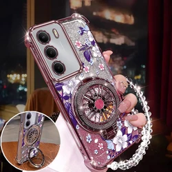 Purple Flowers Plating Phone Case with Lanyard Bracket for Realme C17 (Pink)