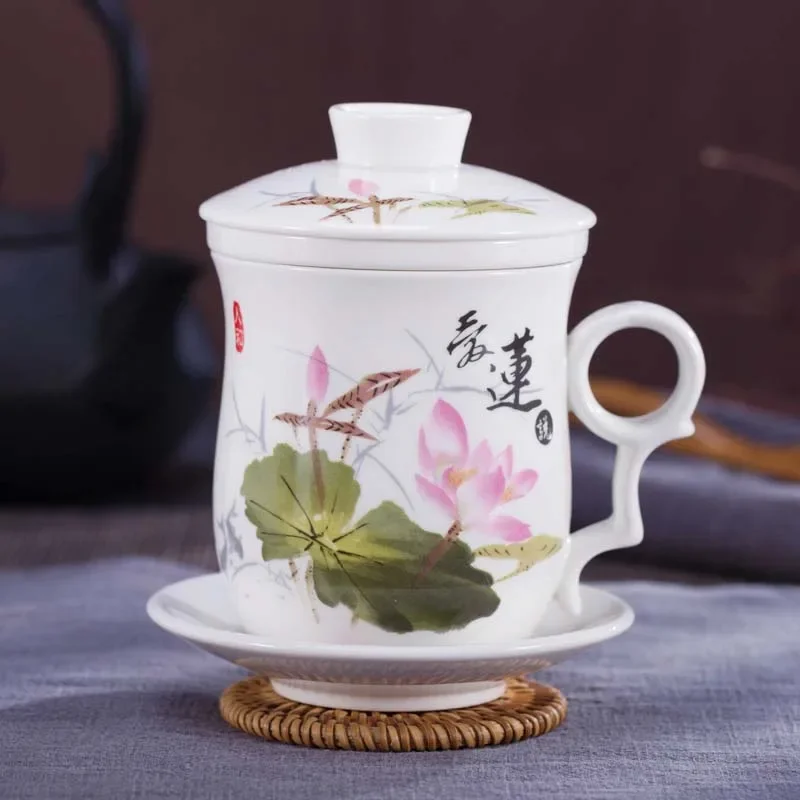 Tazza Da Tè In Ceramica Cinese Con Infusore Integrato E Coperchio - Manico In Legno Di Sandalo, 1380°C