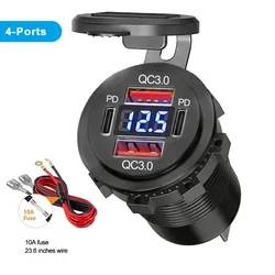 High - Power Dual USB Car Charger with Voltmeter and Waterproof Socket (4Ports with Wire)