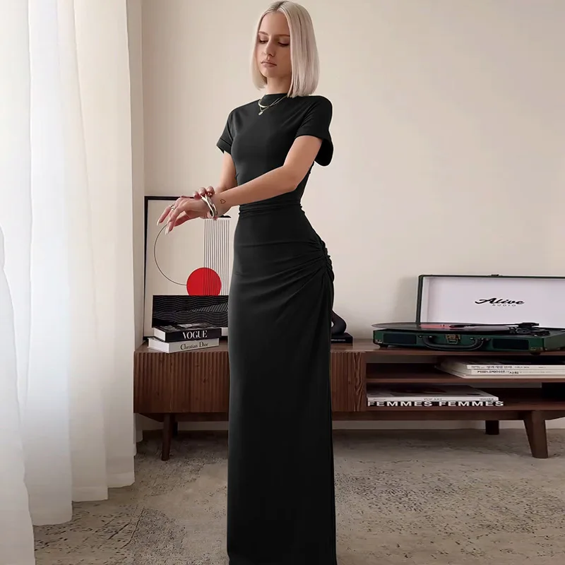 Women's Elegant O Neck Maxi Dress Short Sleeve Slim High Waist Shirring Dress Sexy Side Slit Evening Club Bodycon Dress Lady