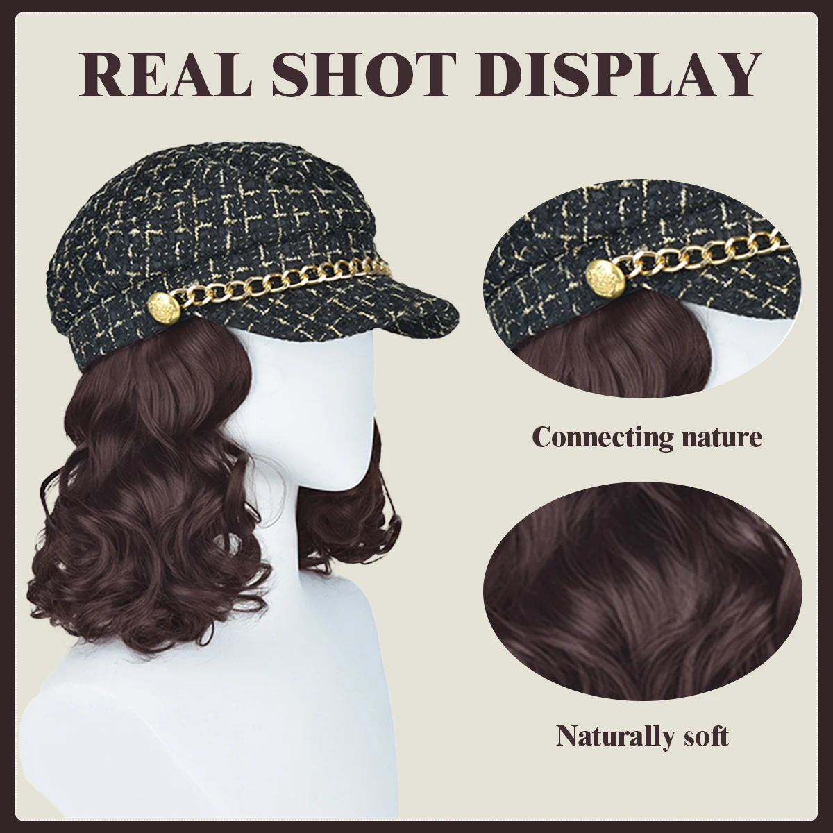 Natural synthetic lazy hat wig women fashion wig hat short curly hair autumn and winter mother cap wig